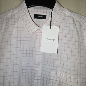 Theory Irving PA SS Stubby Grid White‎ Red Check Short Sleeve Shirt Mens L NWT